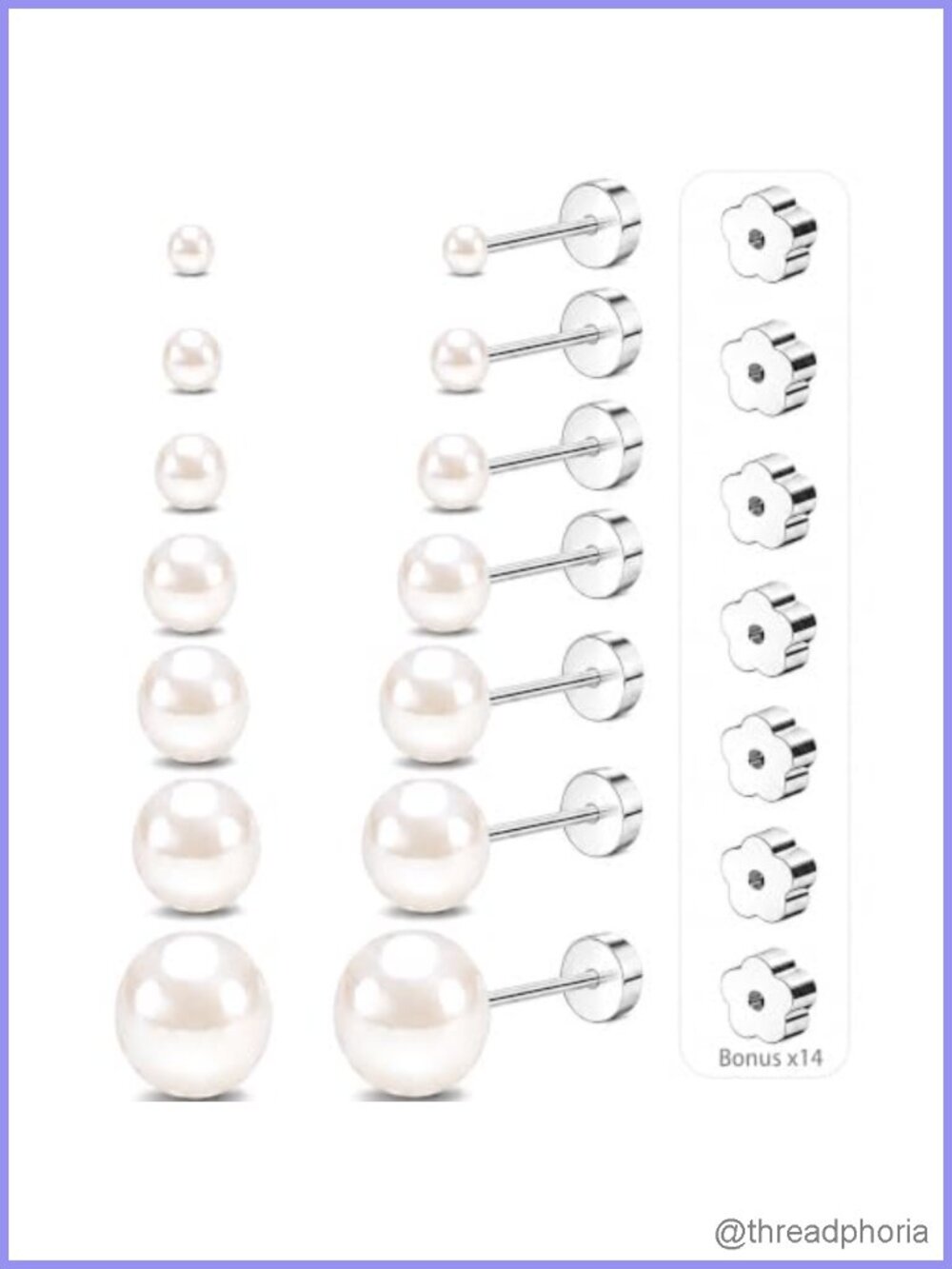 7 Pairs Silver Pearl Stud Earrings 316L Stainless Steel Hypoallergenic Screw